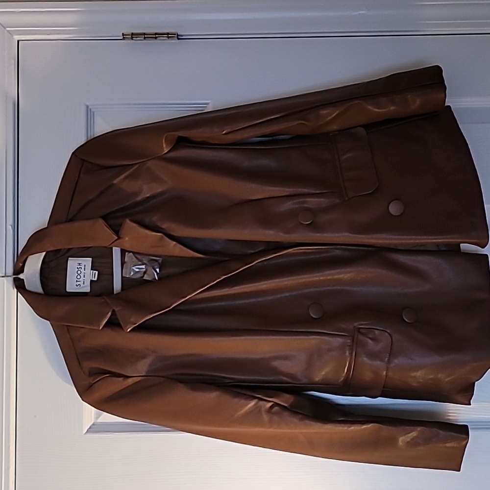 STOOSH Brown Vegan Leather Double Breasted Blazer S NWT